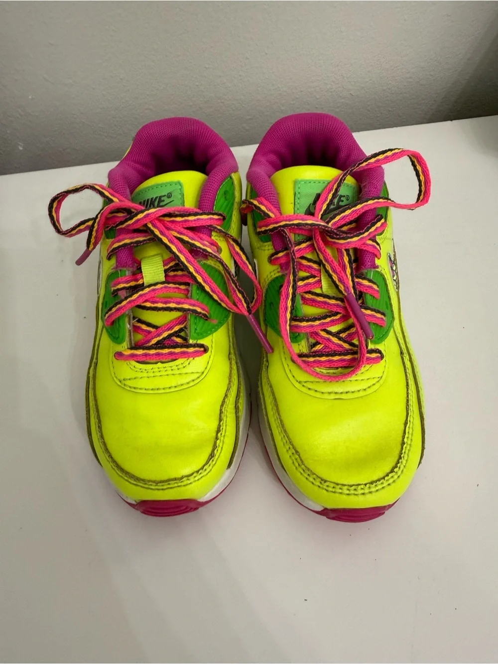 Nike Air Max 90 Kids Neon Volt Pink Green Sneakers Size 12C Retro Running Shoes